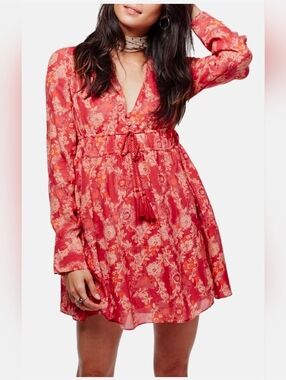 Free People Stealing Fire Mini Dress Floral Boho Tassel Tie Long Sleeve (No Size
